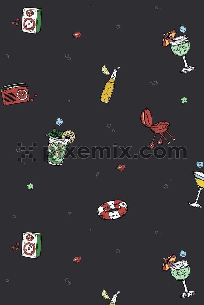 Vacation & party inspired vector icons product graphic seamless pattern