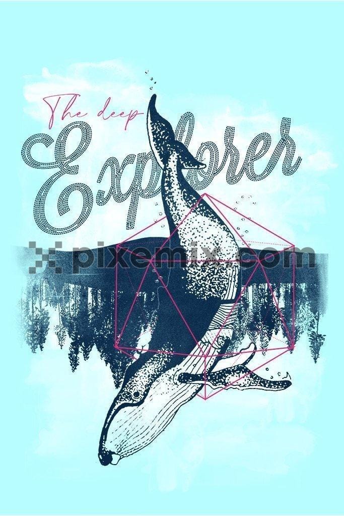 Surreal upside down blue whale placement product graphic with distress effect