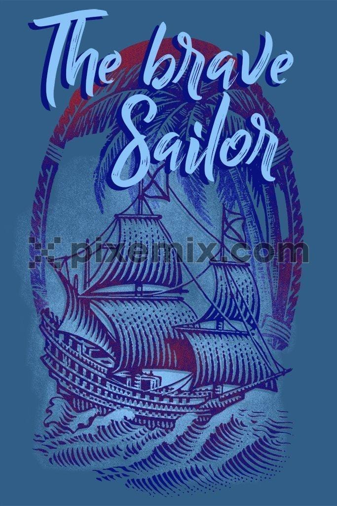 Vintage sailing ship product graphic with typography & distress effect