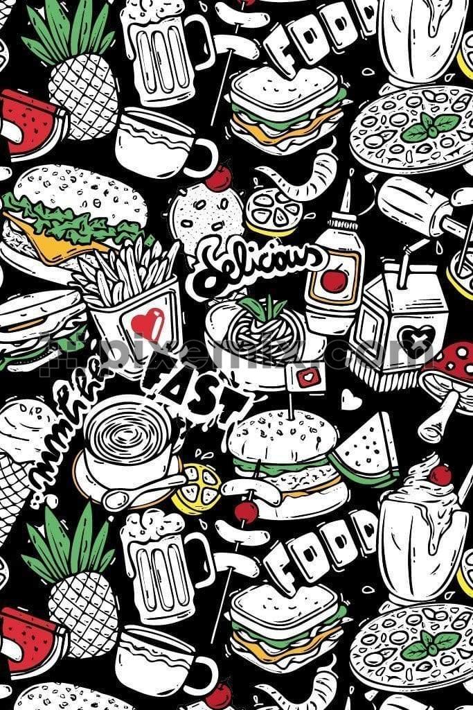 Doodled fast food vector product graphic pattern