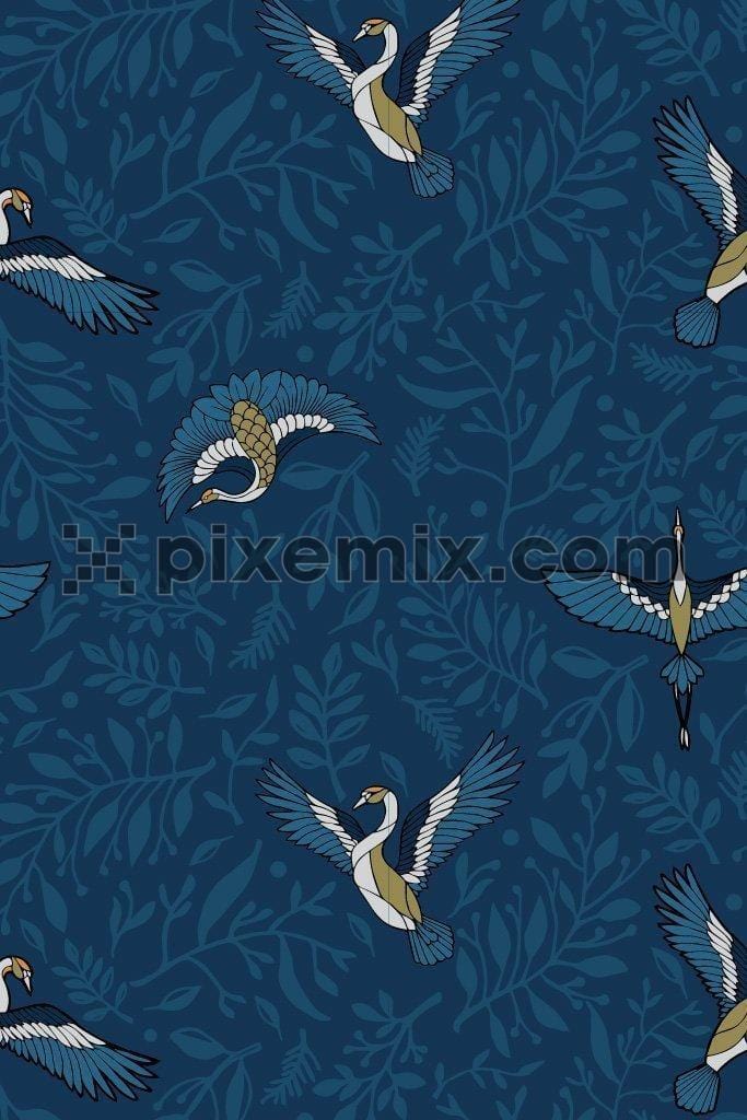 Artistic crane & leaves vector poduct graphic seamless pattern