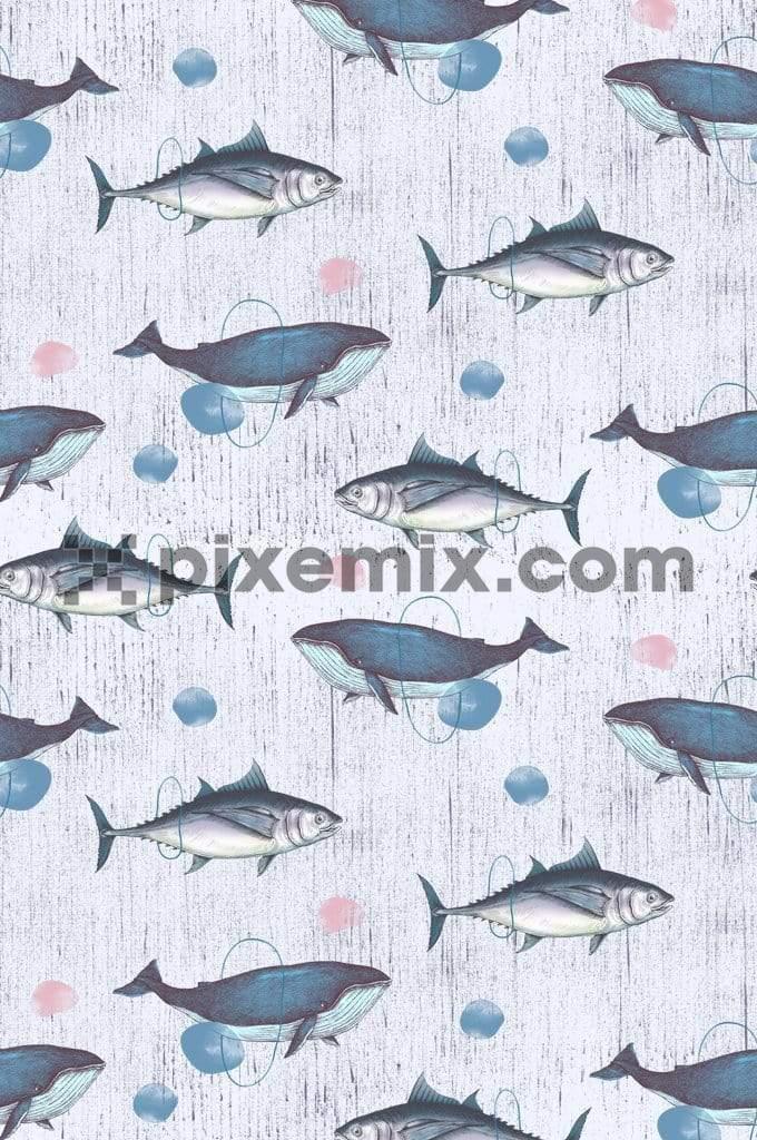 Fish product graphic seamless pattern with distress effect