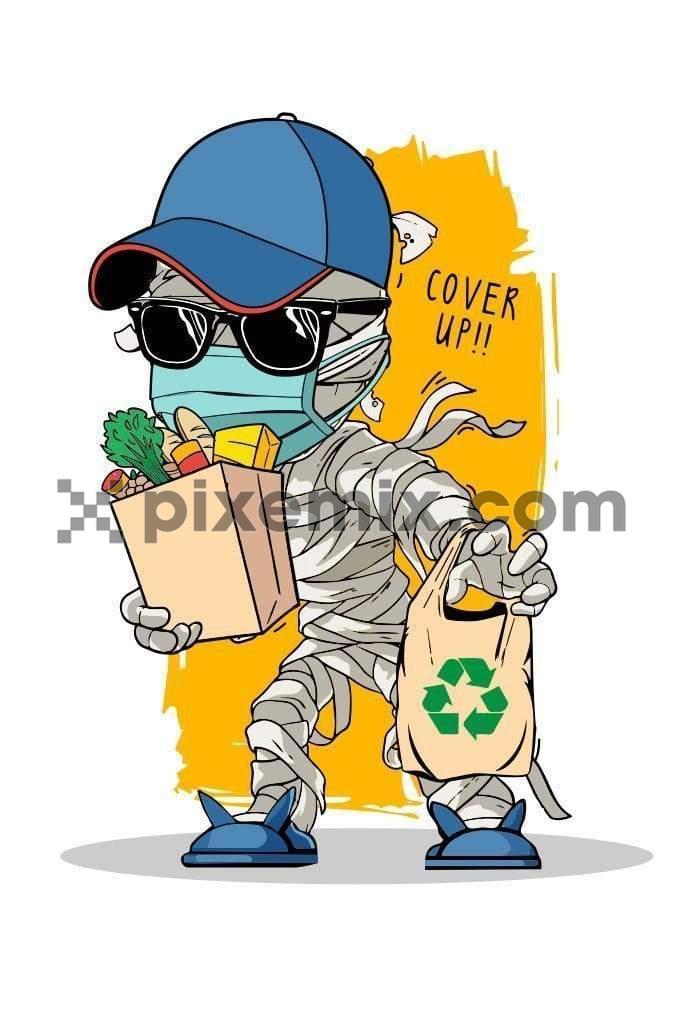 Full bandaged boy buying groceries quirky vector product graphic