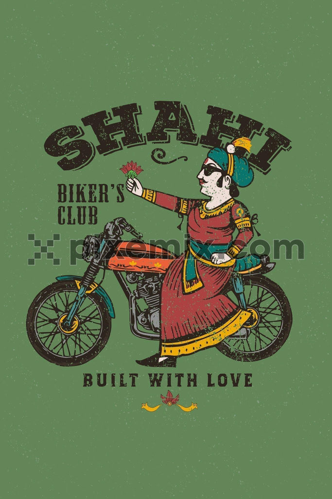 Vintage maharaja sitting on bike wih flower vector product graphic with distress effect