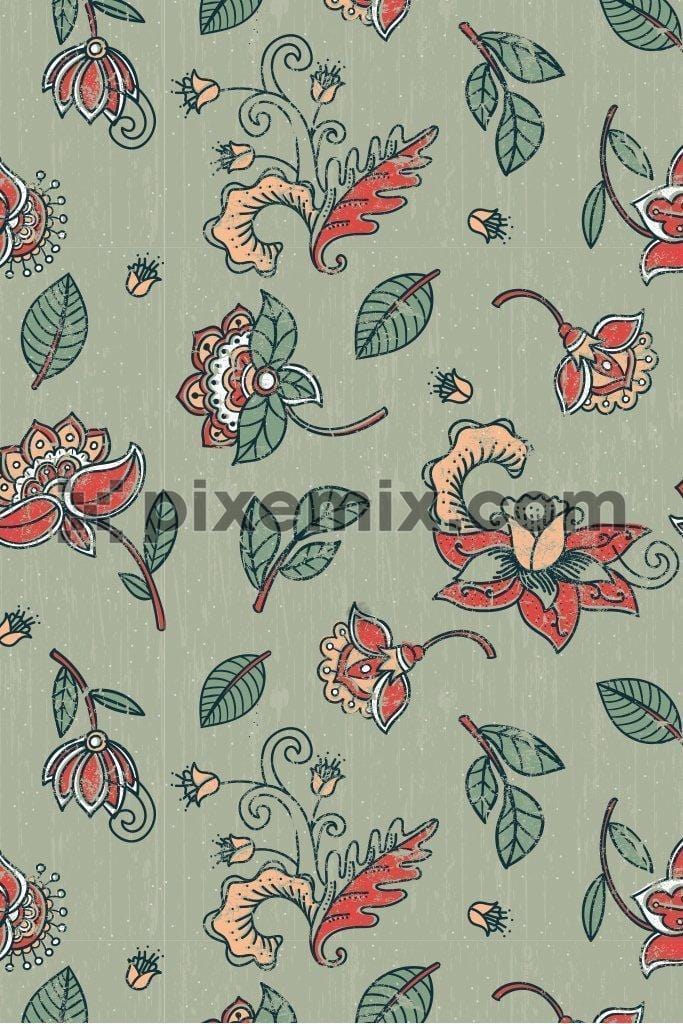 Indian craft batik inspired floral & leaves seamless repeat pattern poduct graphic