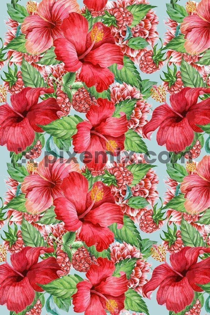 Hibiscus & raspberry poduct graphic seamless repeat pattern