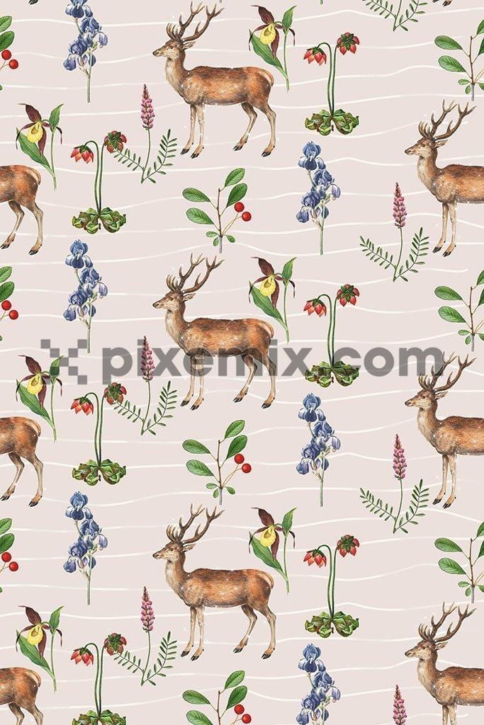 Deer & florals with background stripes poduct graphic seamless repeat pattern
