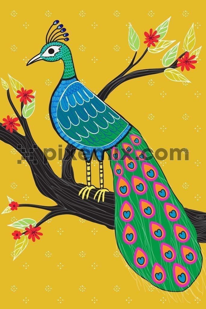 Hand illustrated peacock indian art product graphic