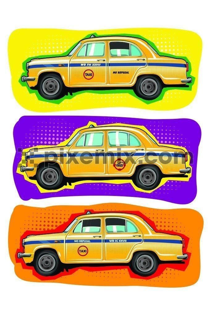 Vibrant & colorful Kolkata taxi product graphic