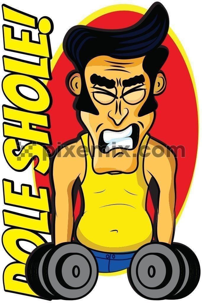 Cartoon 70's man doing exercise with dumbbells product graphic with hinglish typography