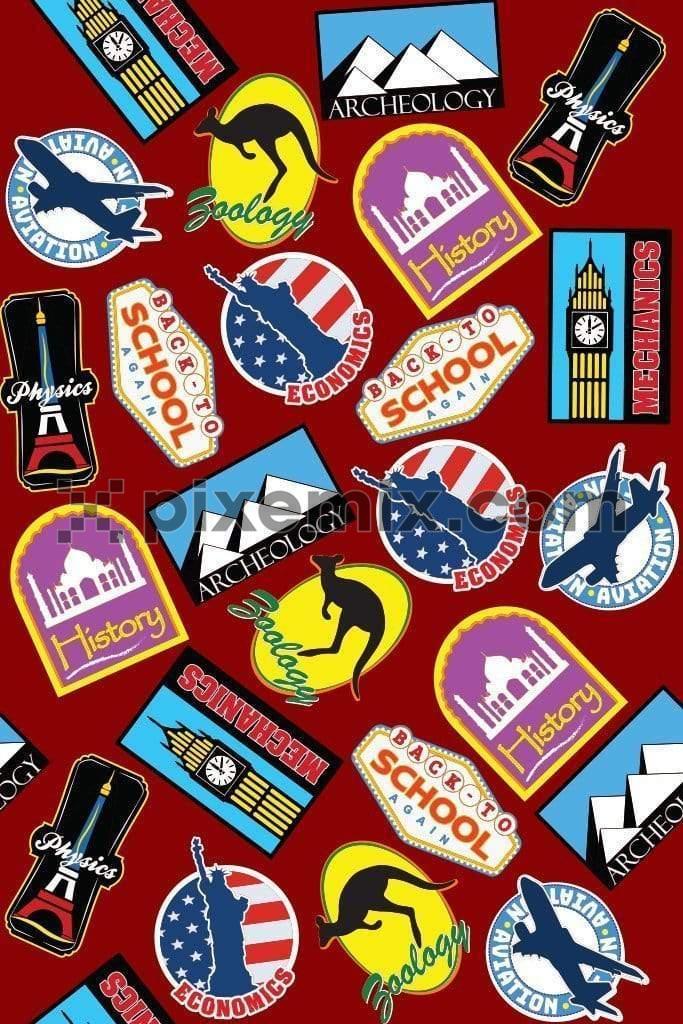 Travel inspired patches vector product graphic with seamless repeat pattern