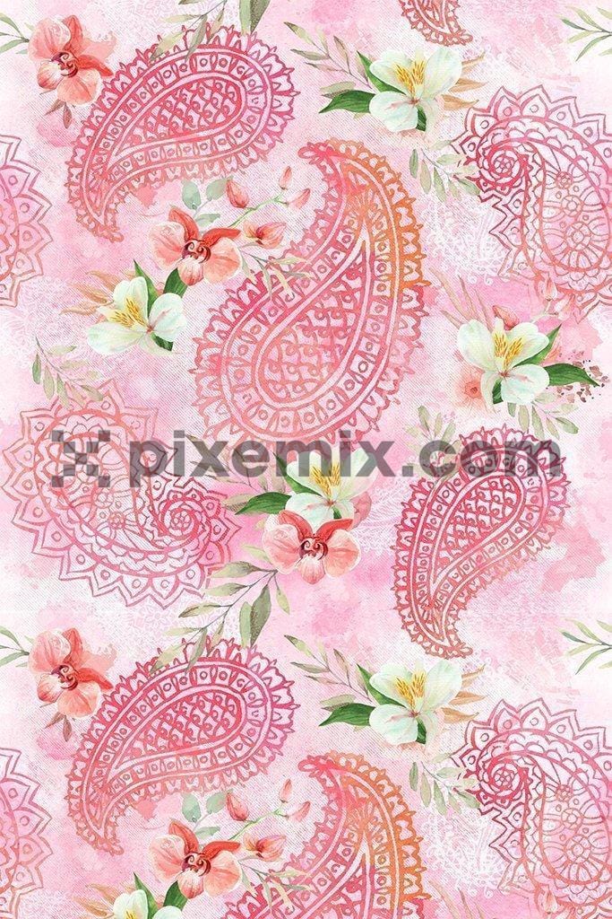 Water color paisley & florals product graphic with seamless repeat pattern