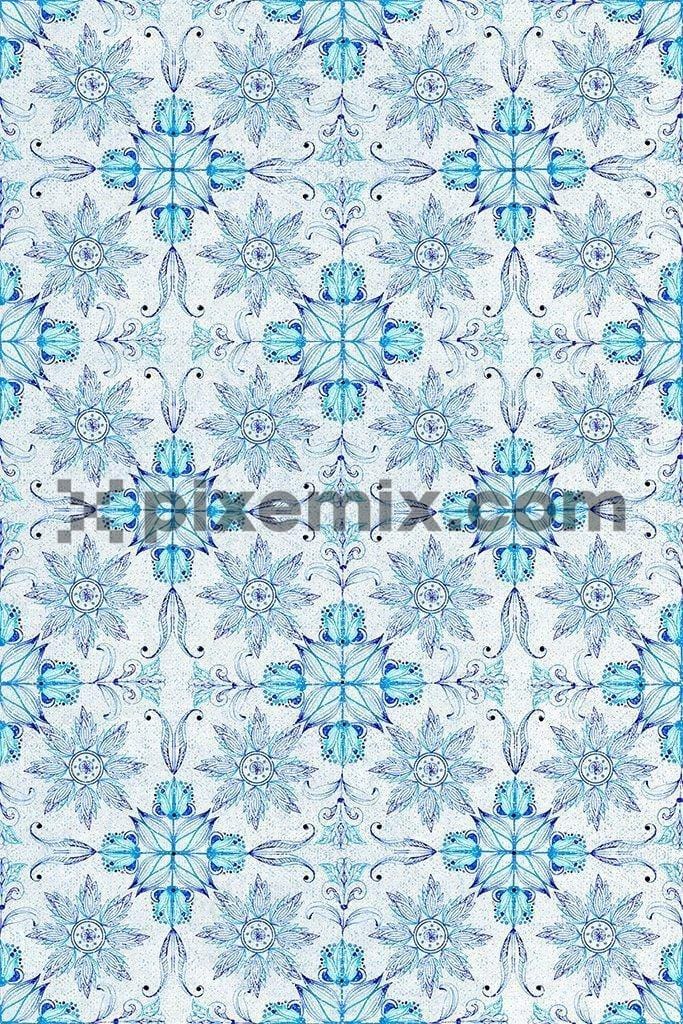 Blue pottery inspired floral tiles product graphic with seamless repeat pattern