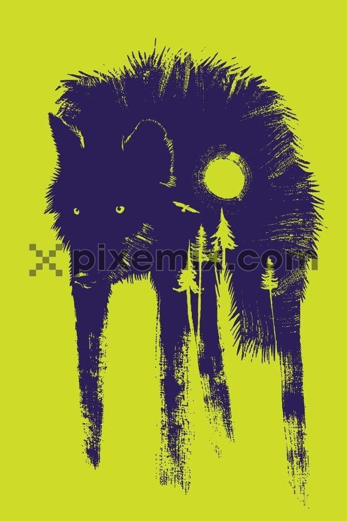 Vector wolf art with landscape double exposure product graphic with brushed effect