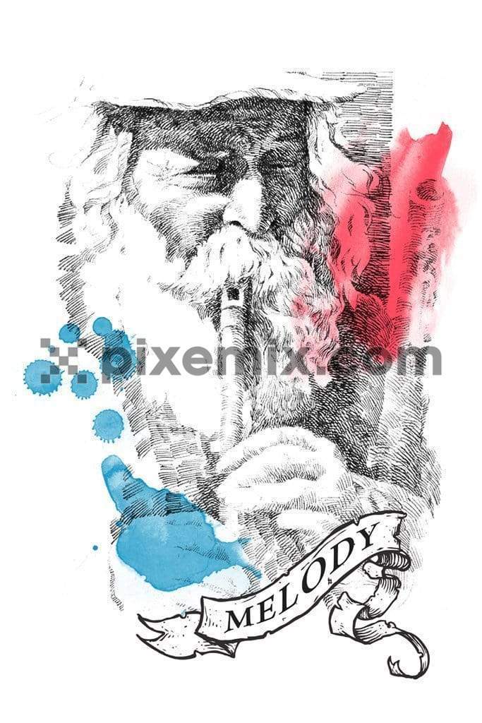 Old man playing flute illustration product graphic with splashed color highlight