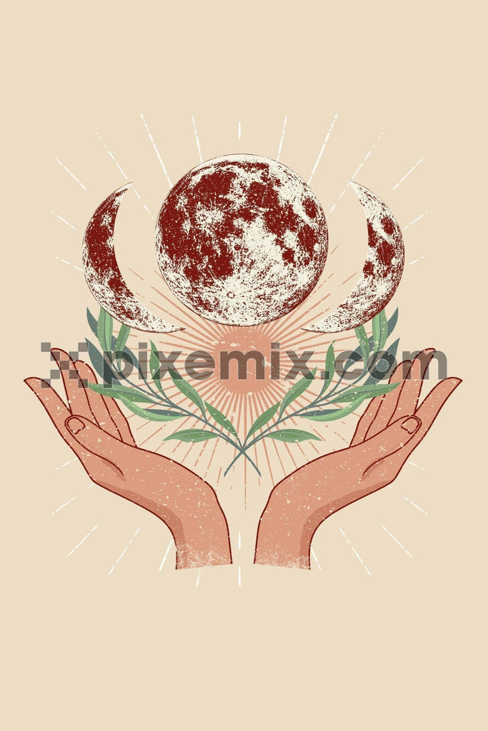 Healing hands with rays, planet & leaves vector product graphic