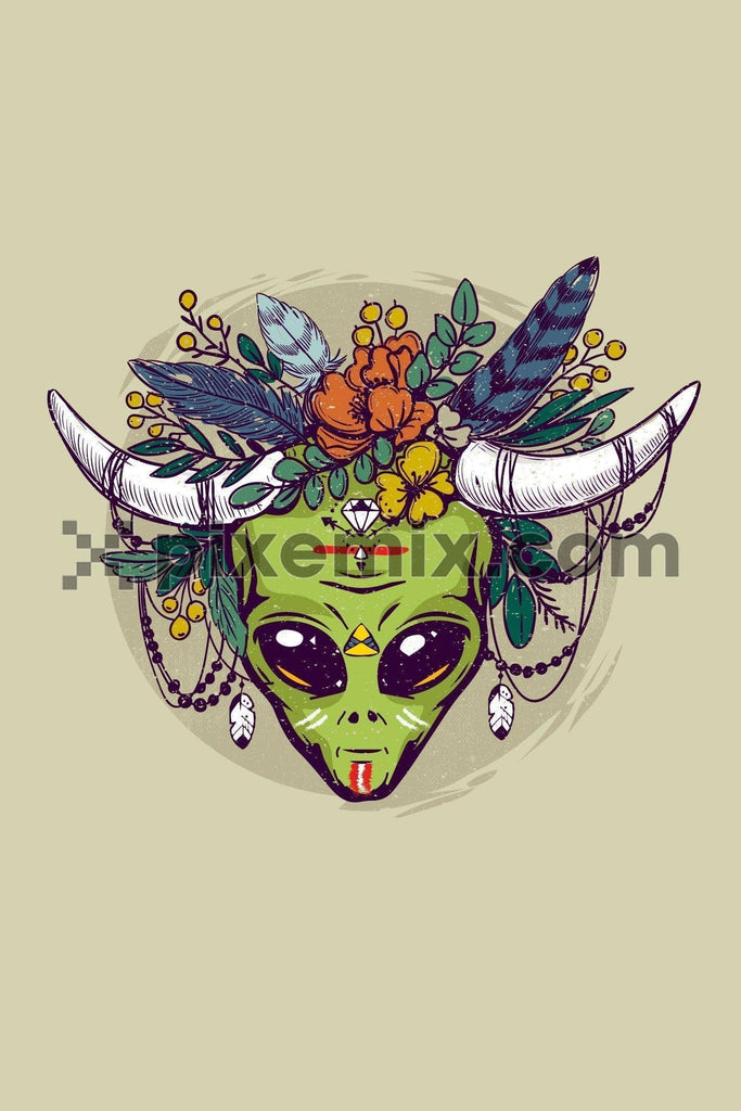 Boho alien with floral, feathers & horn headgear vector product graphic