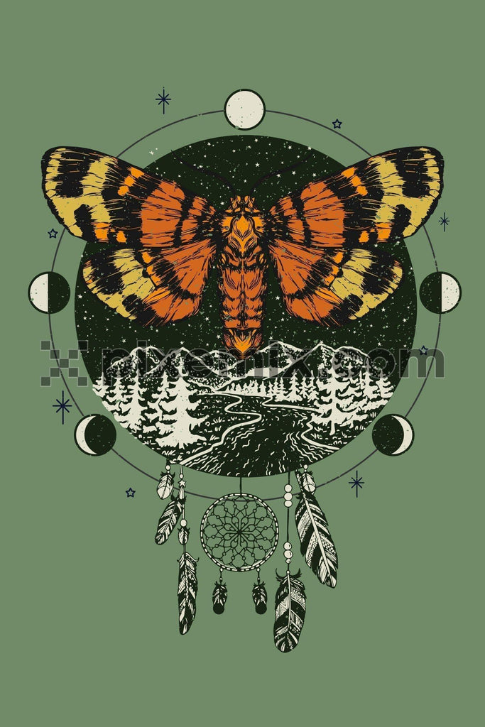 Double exposure dreamcatcher with colorful butterfly & landscape vector product graphic