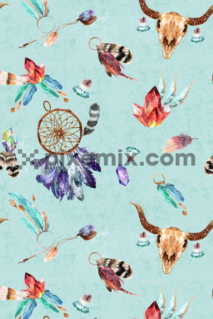 Boho inspired cow skull & dreamcatcher pattern product graphic with seamless repeat