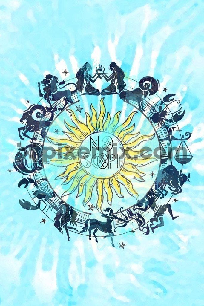 Boho inspired zodiac signs product graphic with tie-dye background