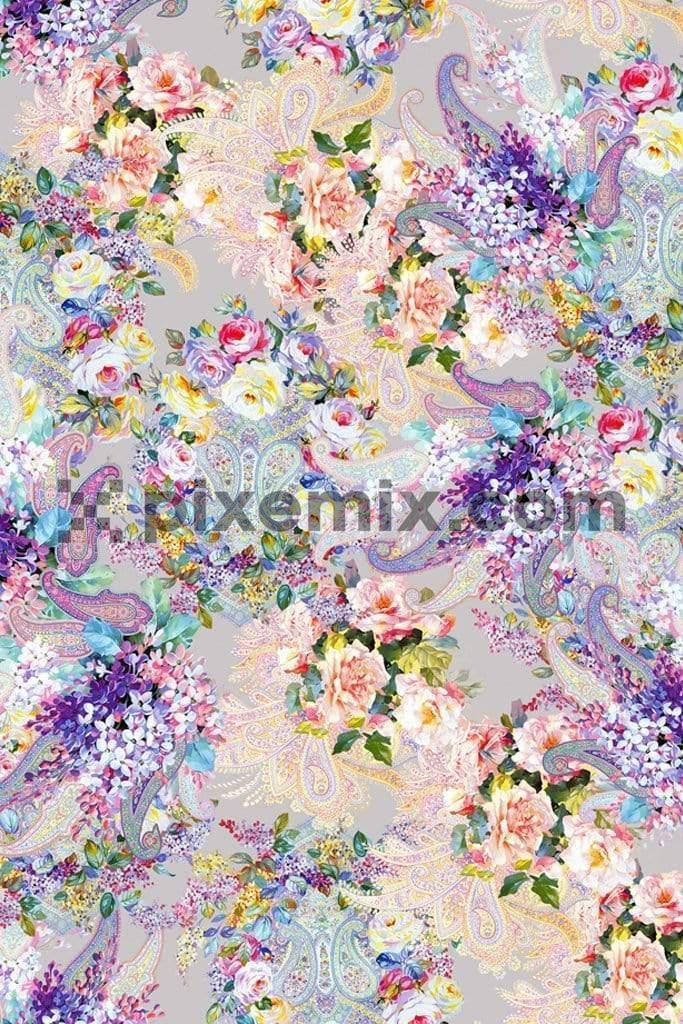 Tonal paisley with bunch of beautiful flowers trendy product graphic with seamless repeat pattern