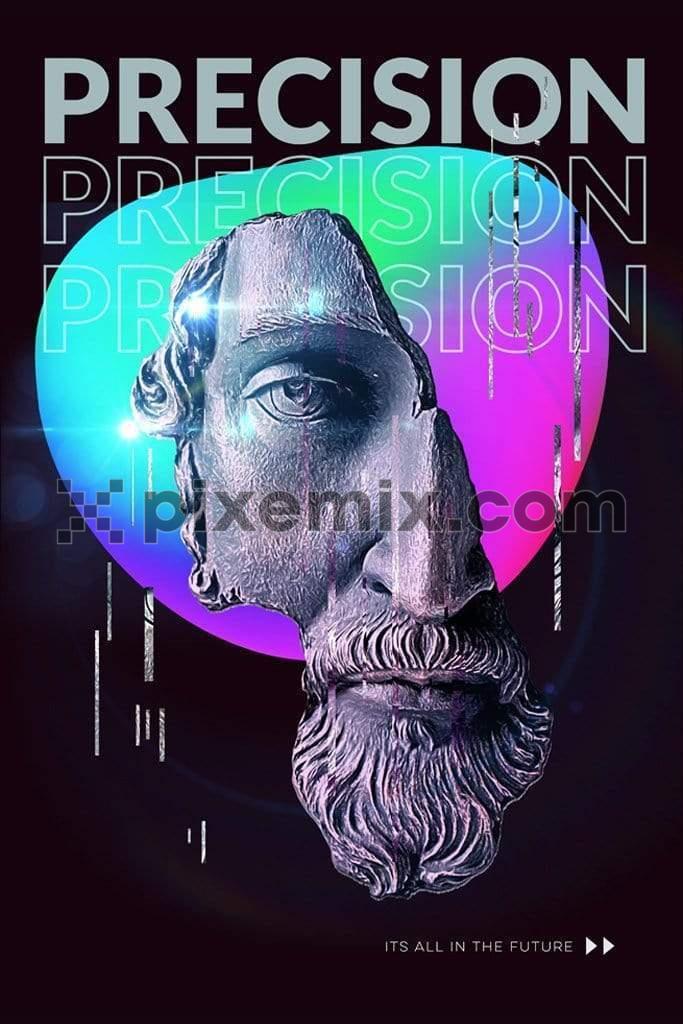 Techno inspired renaissance statue trendy photo maipulation product graphic with modern typography