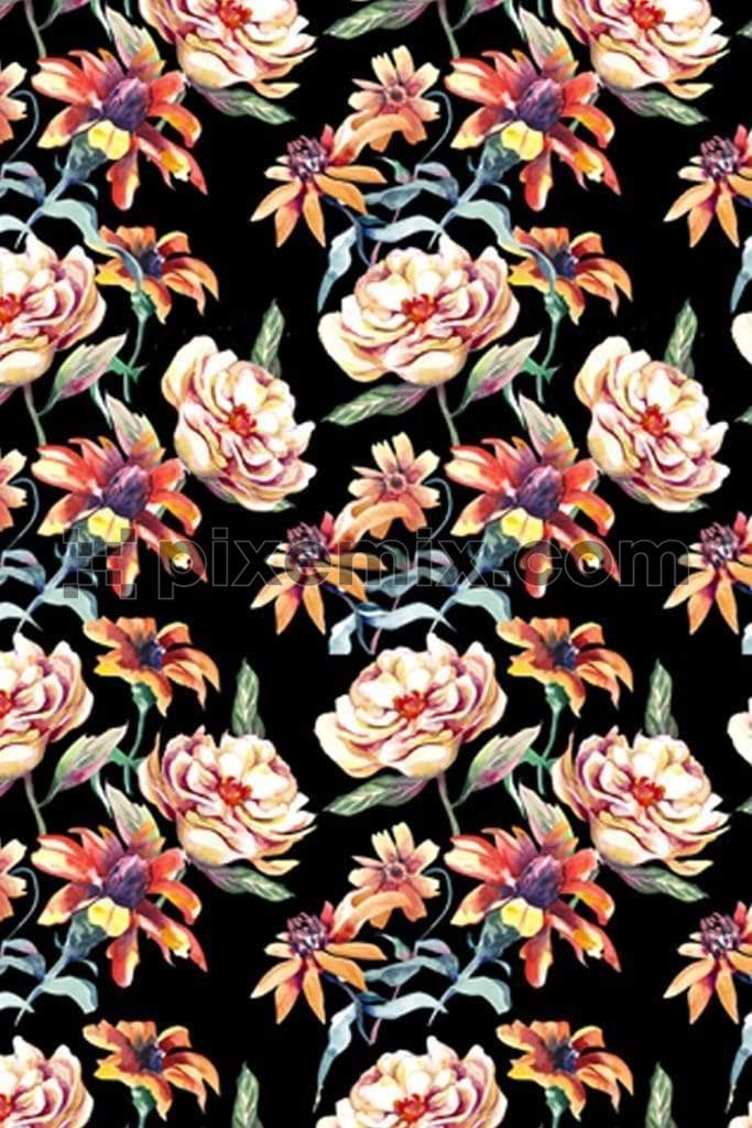 Big digital florals product graphic with seamless repeat, pattern
