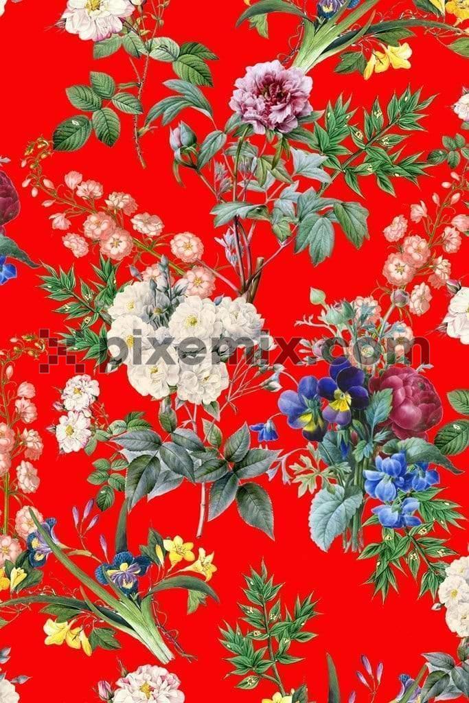 Kimono inspired digital florals product graphic with seamless repeat pattern<span