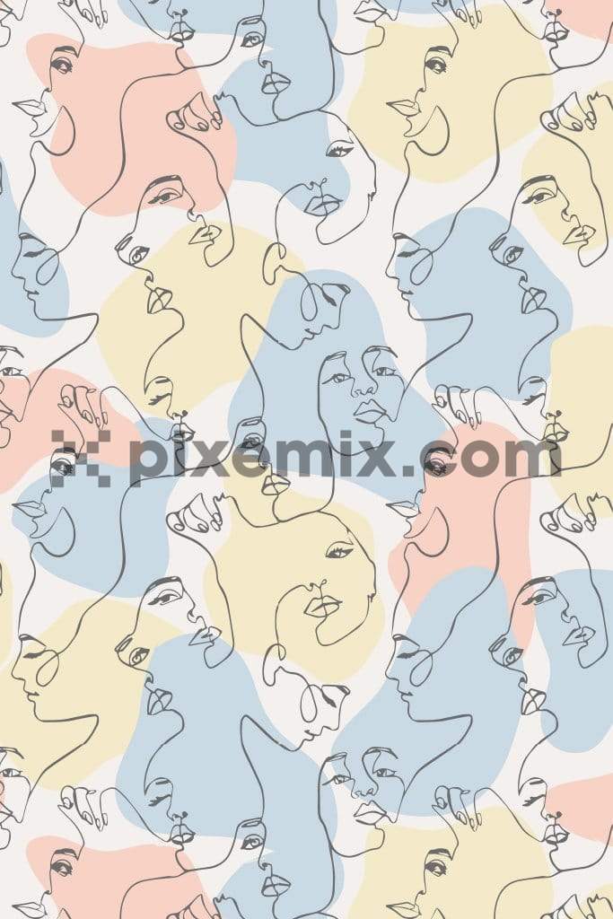Continuous lineart face & pastel camo product graphic with seamless repeat pattern