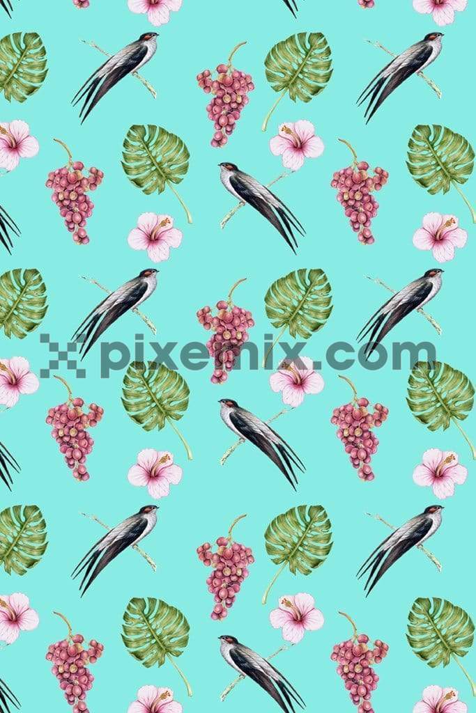 Tropical bird with fruits & florals product graphic with seamless repeat pattern