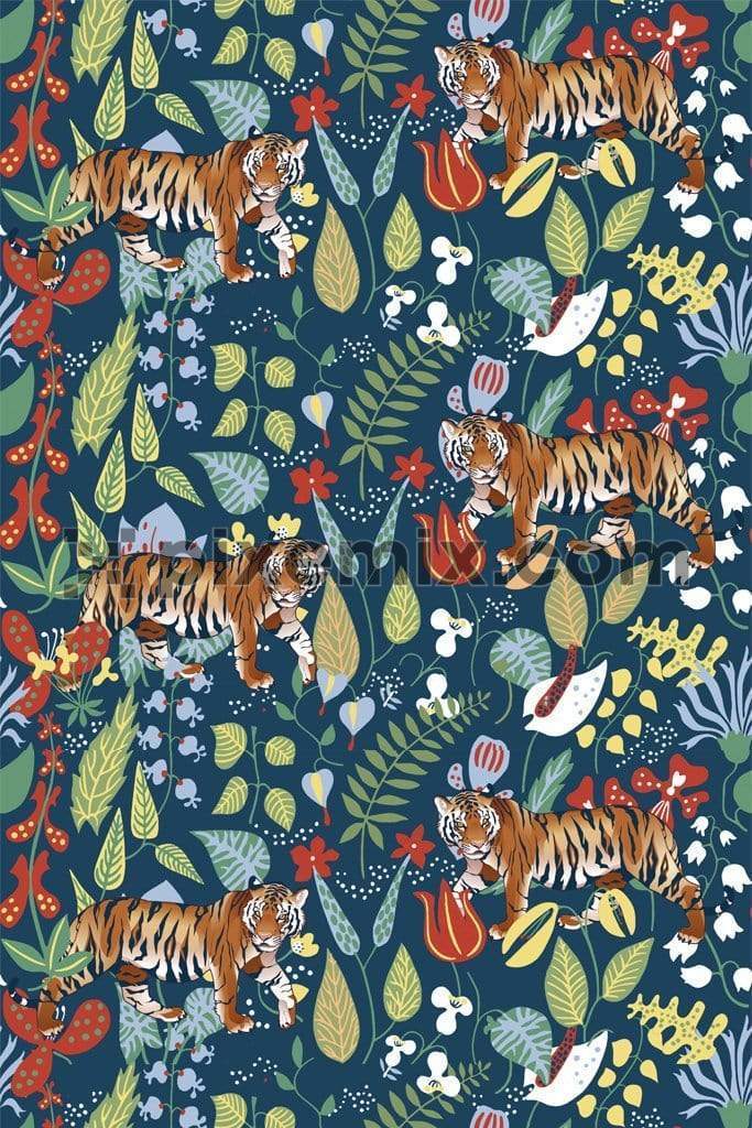 Tiger in colorful tropical jungle product graphic with seamless repeat pattern