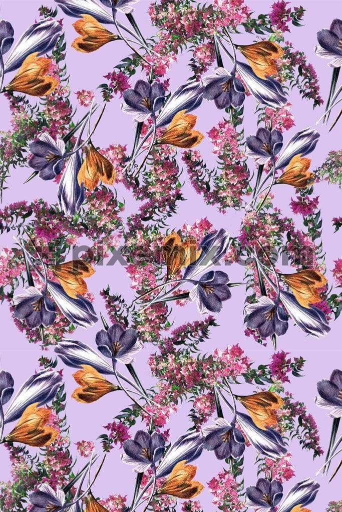 Botanical floral mix product graphic with seamless repeat pattern