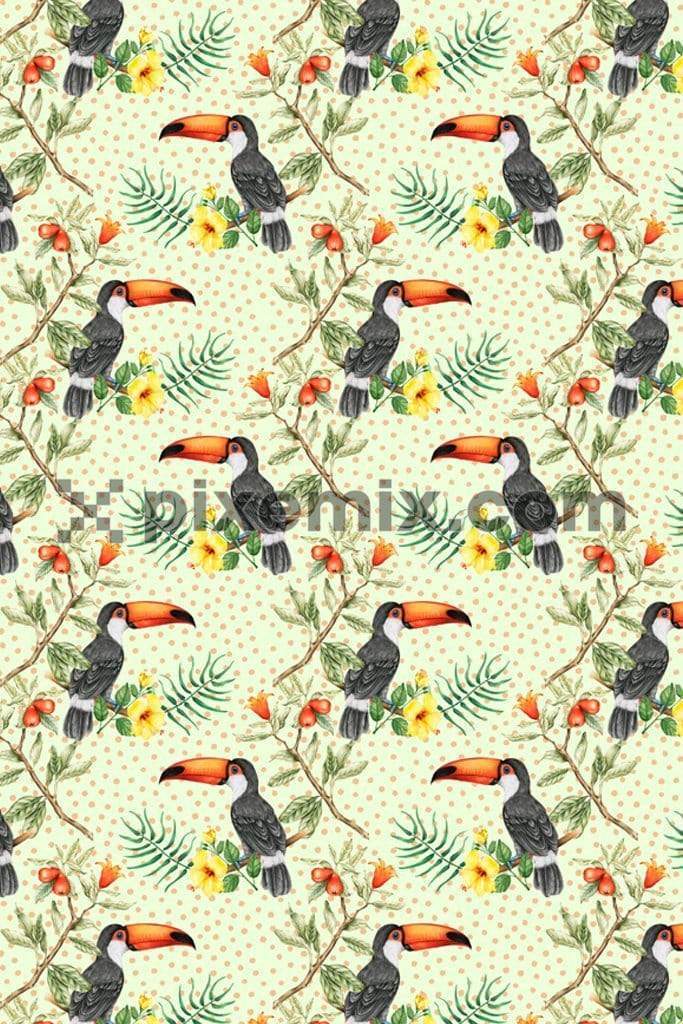 Tropical toucan with tonal polka product graphic with seamless repeat pattern