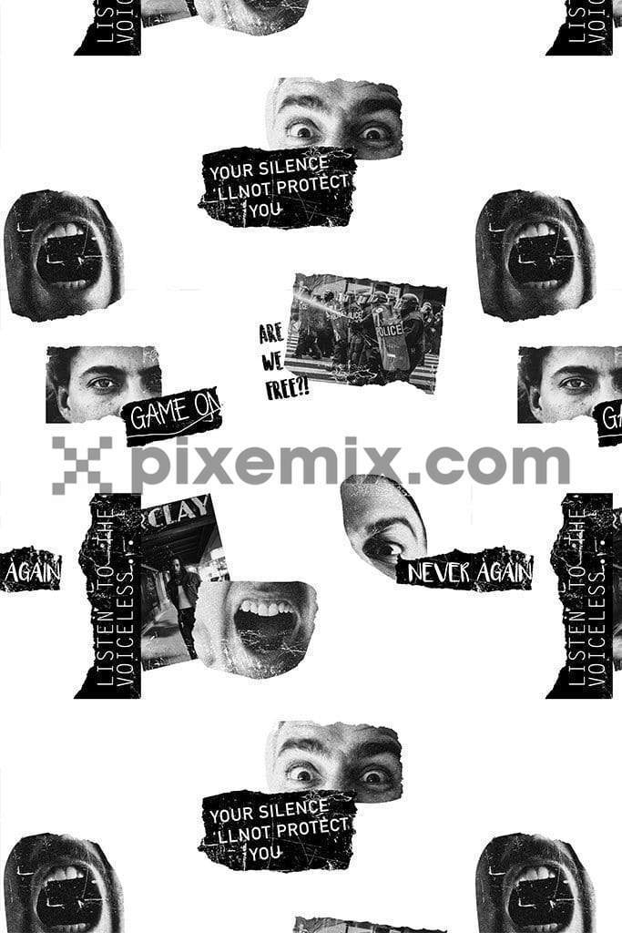 Monochrome face collage product graphic with seamless repeat pattern