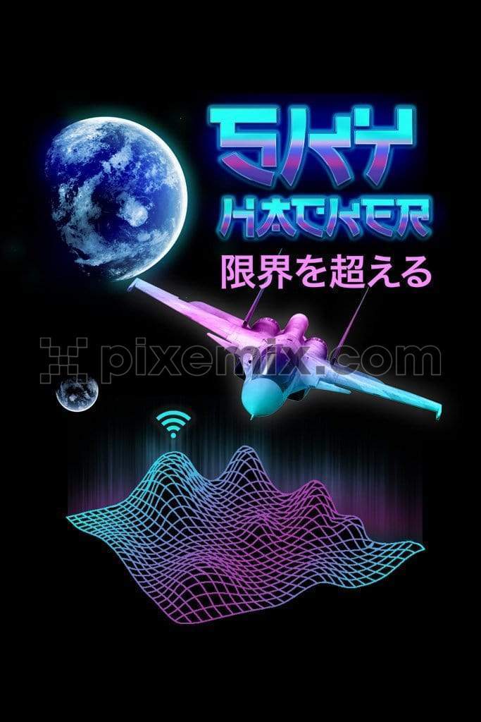 Techno inspired trendy fighter jet product graphic with retro oriental style typography