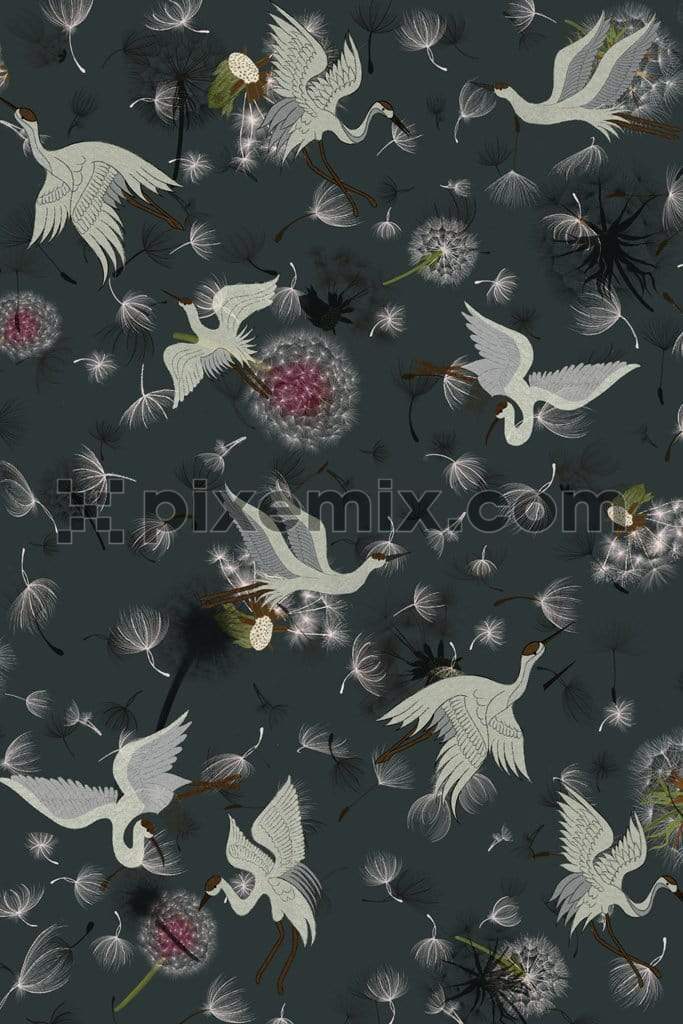 Cranes flying around fluffy dandelions product graphic with seamless repeat pattern