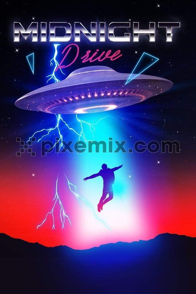Retro techno inspired trendy UFO product graphic