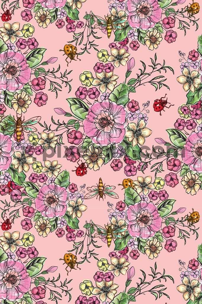 Floral & insect art product graphic with seamless repeat pattern