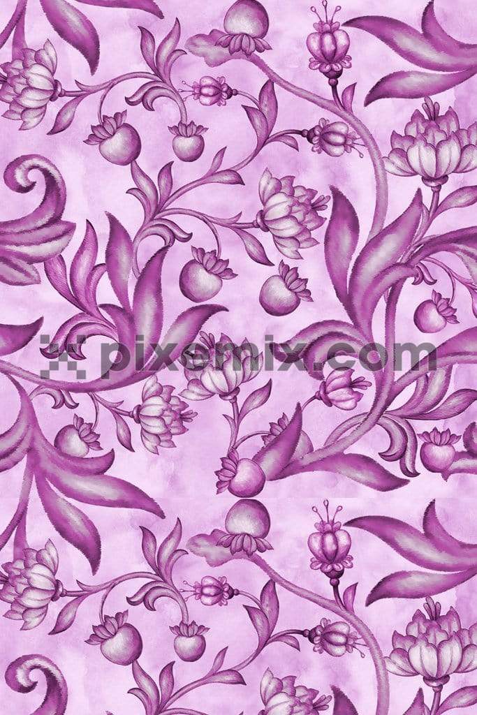 Monochrome artistic floral & leaves product graphic with seamless repeat pattern