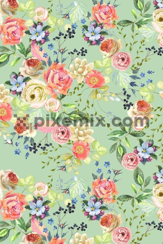 Summer blooming bunch product graphic with seamless repeat pattern
