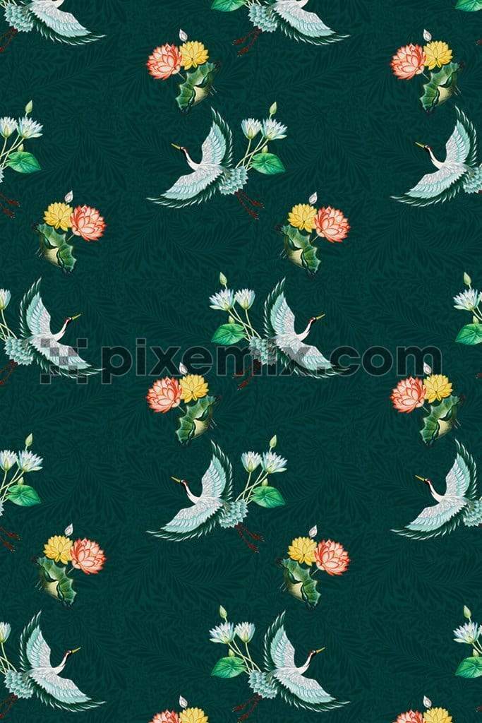 Traditional oriental inspired flying crane product graphic with seamless repeat pattern