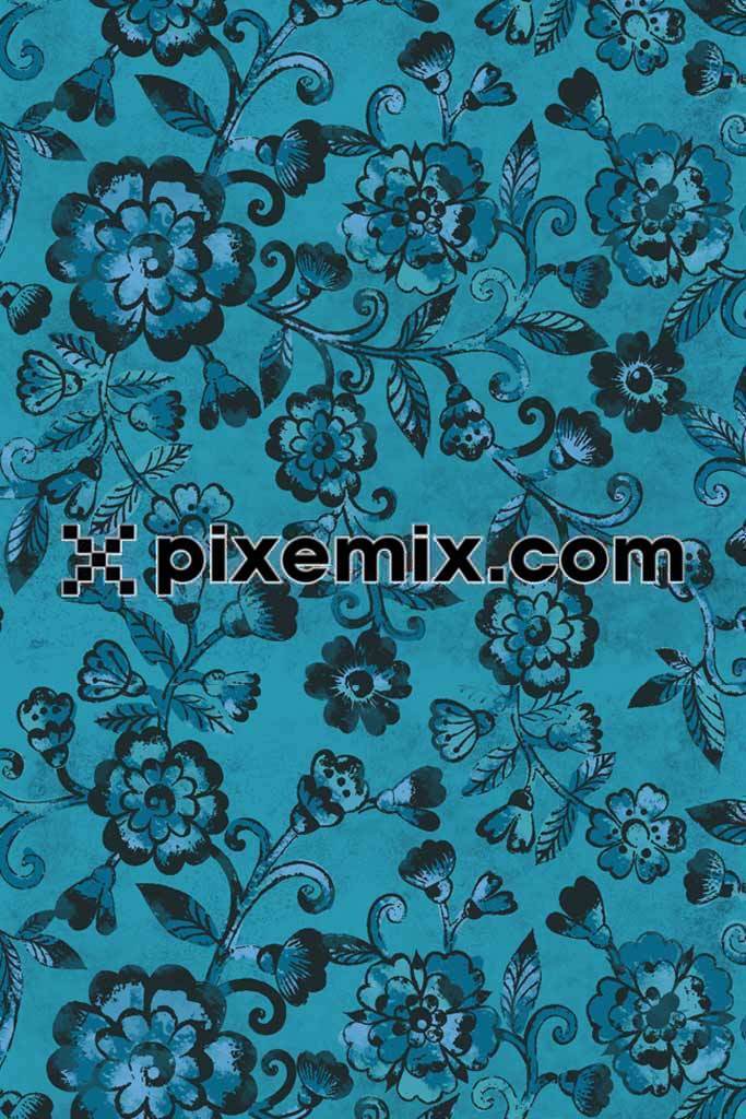 Indigo floral product graphic with seamless repeat pattern