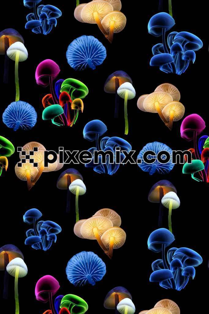 Glowing mushrooms trendy product graphic with seamless repeat pattern