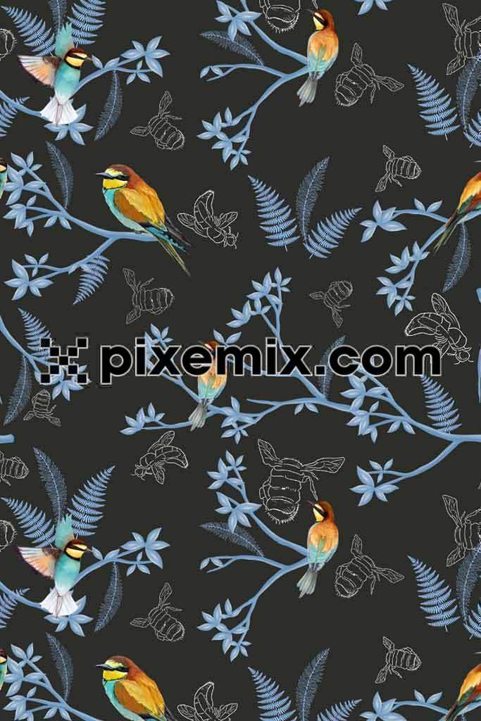 Kingfisher and bee line art product graphic with seamless repeat pattern