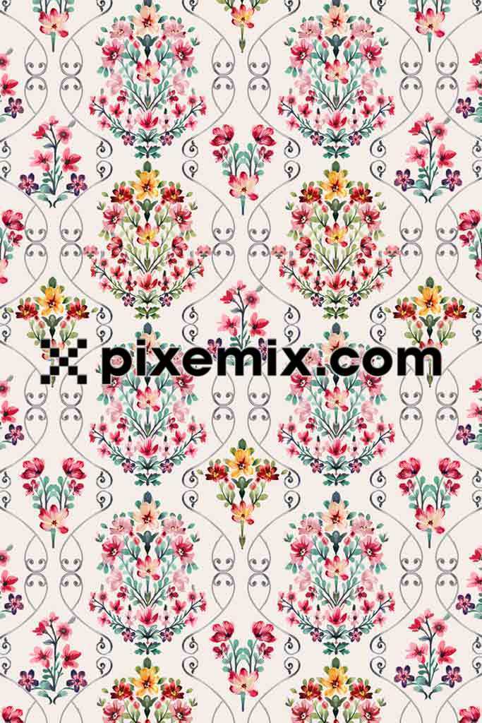 Damas pattern water colour floral product graphic with seamless repeat pattern
