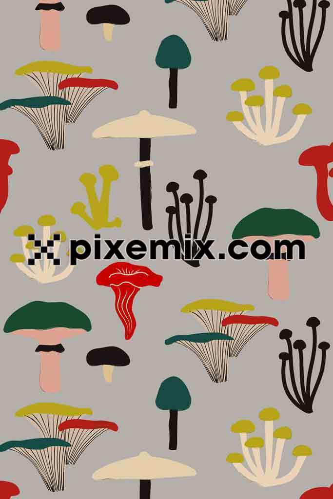 Cute colorfull mushroom product graphic with seamless repeat pattern