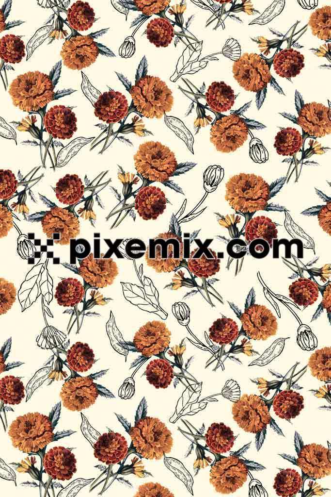 Marigold flower image with doodle art product graphic with seamless repeat pattern