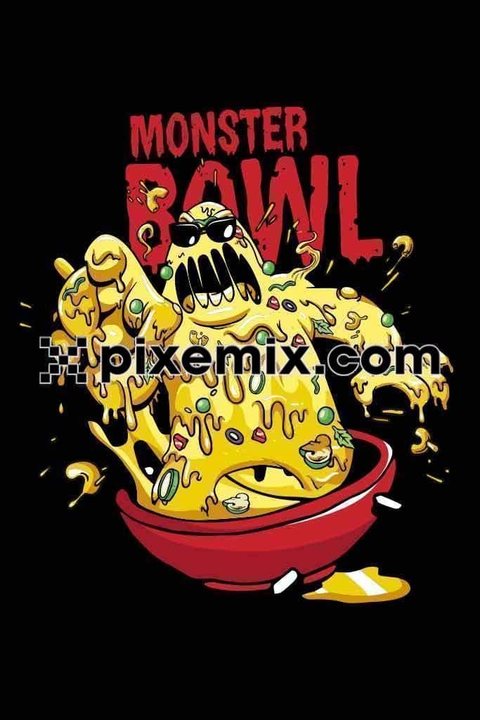 Cartoon soup monster on bowl vector product graphic