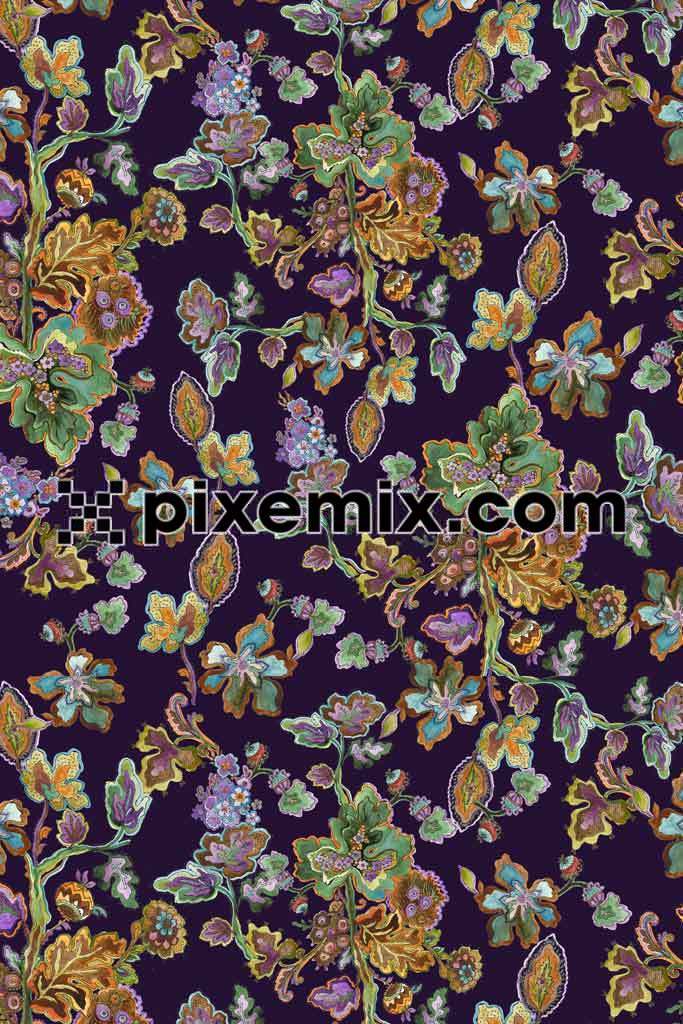 Artistic blooming floral product graphic withseamless repeat pattern