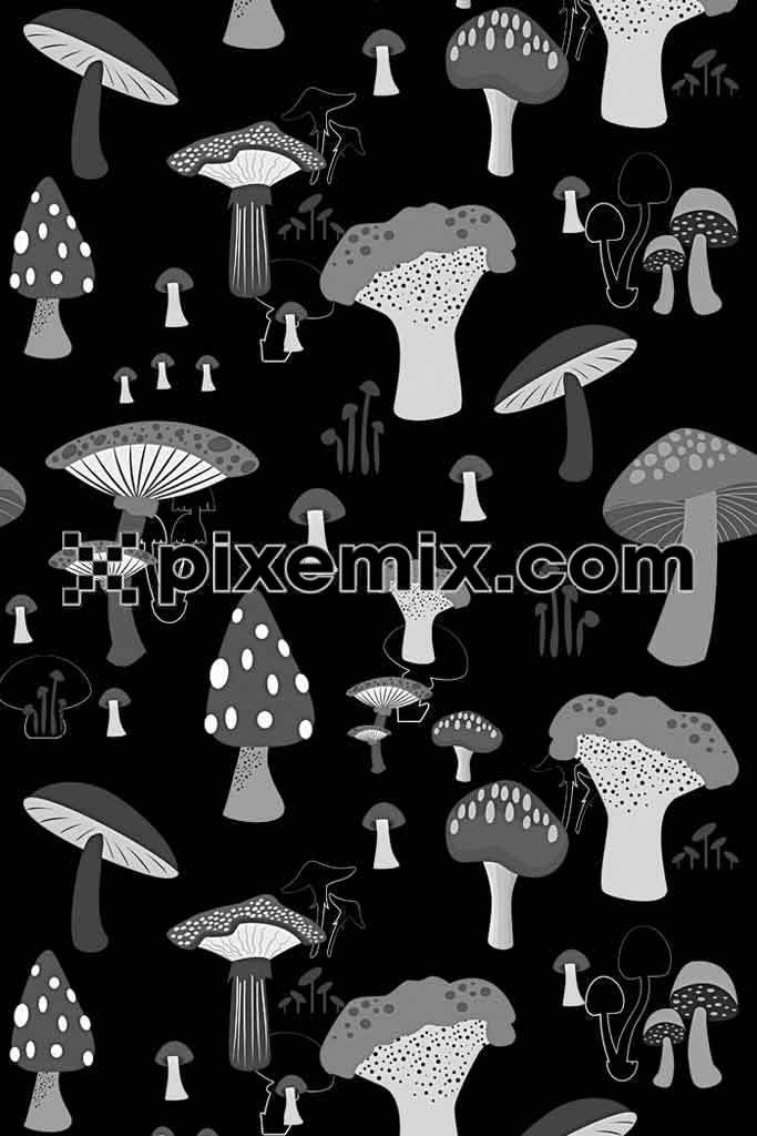 Grey & black  mushroom trendy product graphic with seamless repeat pattern
